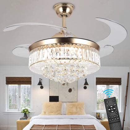 Panghuhu88 36" Invisible Ceiling Fan Chandelier Light,Modern Crystal Ceiling Fan Light Remote Control 4 Retractable ABS Blades for Bedroom Living Room