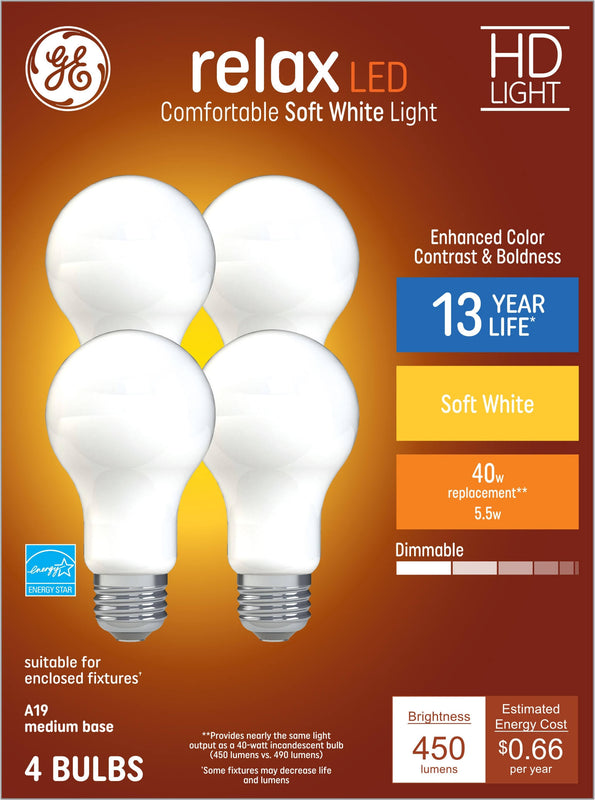 GE Relax 4-Pack 40 W Equivalent Dimmable Soft White A19 LED Light Fixture Light Bulbs