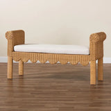 Reiko Handcrafted Natural Rattan Bench with Scalloped Design - Boho Farmhouse Seating for Entryway, Bedroom, or Living Room