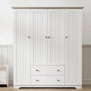 Freestanding 4 - Door Wardrobe Armoire with 2 Drawers and Hanging Rods for Clothes Storage