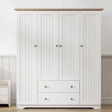 Freestanding 4 - Door Wardrobe Armoire with 2 Drawers and Hanging Rods for Clothes Storage