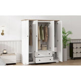 Freestanding 4 - Door Wardrobe Armoire with 2 Drawers and Hanging Rods for Clothes Storage