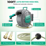 AUOSHI Retractable Garden Hose Reel 1/2" 100ft Automatic Hose Reel with 10 Function Sprayer Nozzle Wall Mount 180 Deg Swivel Bracket Hose Reel