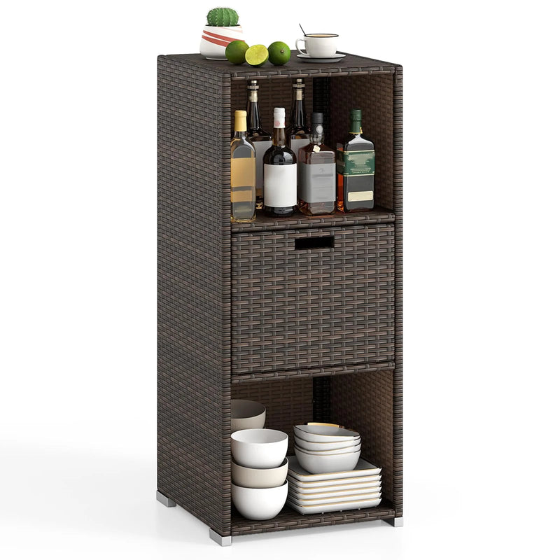 Tangkula Rattan Patiojoy Outdoor Wicker Cabinet with 3 Shelves