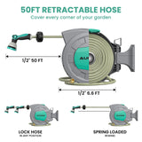 AUOSHI Retractable Garden Hose Reel 1/2" 100ft Automatic Hose Reel with 10 Function Sprayer Nozzle Wall Mount 180 Deg Swivel Bracket Hose Reel