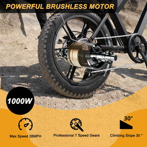Movcan V30 Electric Bike for Adult, 1000W 20" Fat Tire 48V 15.6AH Removable Battery, 28MPH 7-Speed Disc Brake Off - Road Mountain Ebike UL2849