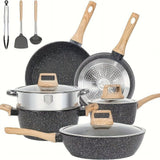 Non - Stick 12 POTS and Pans Set, Cookware Set, Including Frying Pan, Steamer, Silicone Spatula and Tongs - Granite Cooking Set (Black)