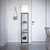 Modern Iron Shelf Floor Lamp with 3 Way Dimmable LED Bulb, Shelves and White Shade for Living Room and Bedroom(Black)