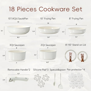Carote 18 Pcs Ceramic Nonstick Cookware Set, Pots and Pans Set with Detachable Handles, Oven/Dishwasher Safe, Stackable Kitchen Cooking Set, White