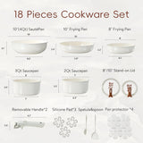 Carote 18 Pcs Ceramic Nonstick Cookware Set, Pots and Pans Set with Detachable Handles, Oven/Dishwasher Safe, Stackable Kitchen Cooking Set, White