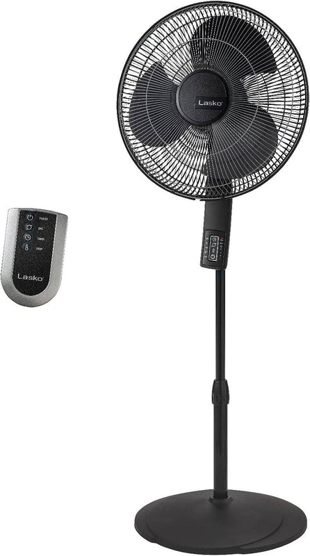 Lasko Oscillating Pedestal Fan, Thermostat, Adjustable Height, Remote Control, Timer, 4 Speeds, for Bedroom, Living Room, Office & Dorm, 16", Black