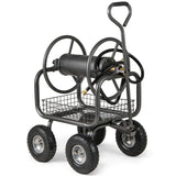 Portable Garden Hose Reel Cart Holds 300FT of 5/8" Large Capacity, Heavy - Duty Metal Hose Cart with 4 Wheels & Storage Basket for Lawn Yard