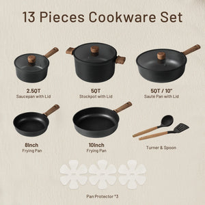 Carote 13-Pcs Nonstick Cookware Sets, Pots and Pans with Stay - Cool Handles, Induction Compatible Kitchen Set, (Black)