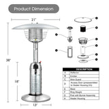 11,000 BTU Tabletop Propane Patio Heater, Portable Stainless Steel Outdoor Heater with Adjustable Flame & Tip - Over Protection