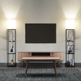 Modern Iron Shelf Floor Lamp with 3 Way Dimmable LED Bulb, Shelves and White Shade for Living Room and Bedroom(Black)