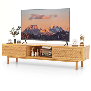 63" Bamboo TV Stand for Up to 70" TVs, Mid Century Modern Entertainment Center Media Console with Sliding Doors & 3 Storage Cubbies for Living Room