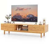 63" Bamboo TV Stand for Up to 70" TVs, Mid Century Modern Entertainment Center Media Console with Sliding Doors & 3 Storage Cubbies for Living Room