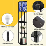 Floor Lamp with Shelves, Modern Dimmable Standing Lamp Floral Corner Display Bookshelf Lamp with 2 USB & 1 Power Outlet for Living Room & Bedroom