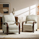 Set of 2 Alex Mid - Century Modern Genuine Leather Manual Recliners with Curved Wooden Arms