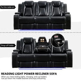 Black Power Reclining Sofa with Wireless Charger, Reading Light, Faux Leather, LED Lighting, AC/USB Ports, and Cup Holder for Living Room
