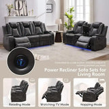Black Power Reclining Sofa with Wireless Charger, Reading Light, Faux Leather, LED Lighting, AC/USB Ports, and Cup Holder for Living Room