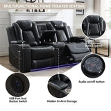 Black Power Reclining Sofa with Wireless Charger, Reading Light, Faux Leather, LED Lighting, AC/USB Ports, and Cup Holder for Living Room