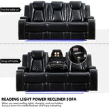 Black Power Reclining Sofa with Wireless Charger, Reading Light, Faux Leather, LED Lighting, AC/USB Ports, and Cup Holder for Living Room