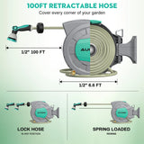 AUOSHI Retractable Garden Hose Reel 1/2" 100ft Automatic Hose Reel with 10 Function Sprayer Nozzle Wall Mount 180 Deg Swivel Bracket Hose Reel