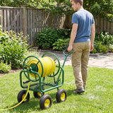 Portable Garden Hose Reel Cart Holds 300FT of 5/8" Large Capacity, Heavy - Duty Metal Hose Cart with 4 Wheels & Storage Basket for Lawn Yard
