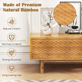 63" Bamboo TV Stand for Up to 70" TVs, Mid Century Modern Entertainment Center Media Console with Sliding Doors & 3 Storage Cubbies for Living Room