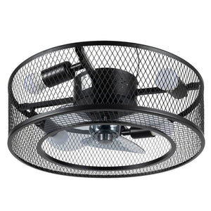 Hallas 18" Caged Ceiling Fan w/ Light Black Iron Metal Round Lamp Chandelier 3 Speeds Williston Forge