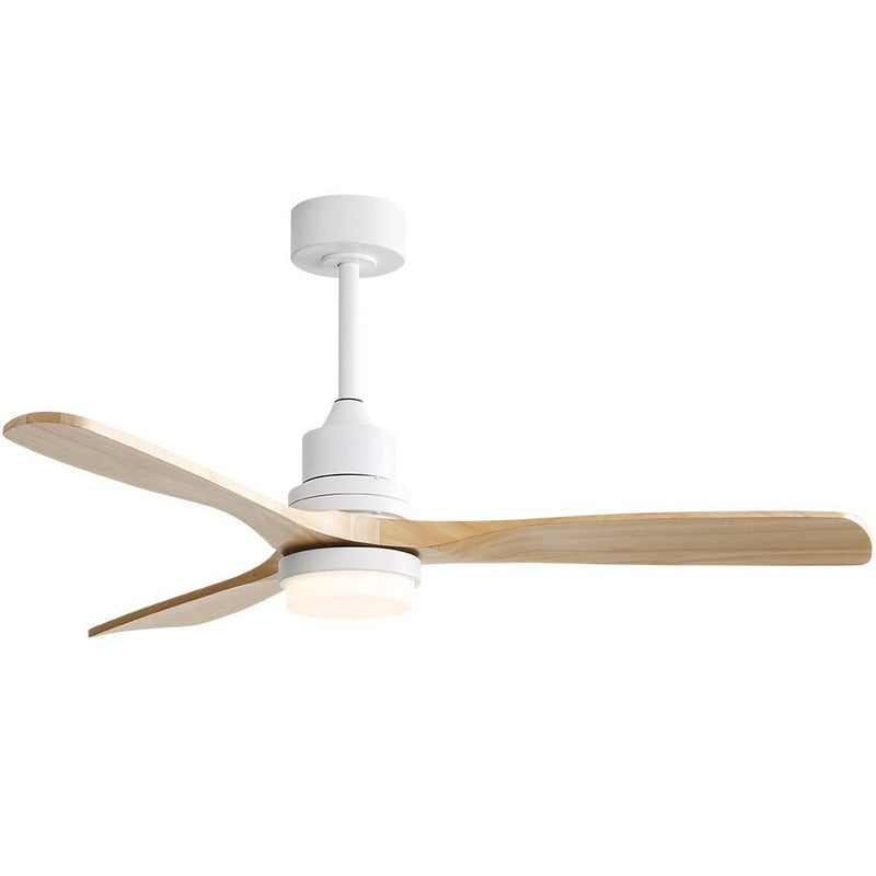 52 inch Indoor and Outdoor Downrod Solid Wood Ceiling Fan with Remote,Integrated Light Optional - with Integrated Light - White with Burlywood Blades