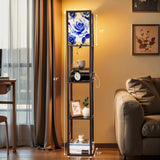 Floor Lamp with Shelves, Modern Dimmable Standing Lamp Floral Corner Display Bookshelf Lamp with 2 USB & 1 Power Outlet for Living Room & Bedroom