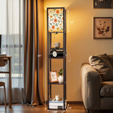 Floor Lamp with Shelves, Modern Dimmable Standing Lamp Floral Corner Display Bookshelf Lamp with 2 USB & 1 Power Outlet for Living Room & Bedroom