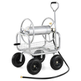 Portable Garden Hose Reel Cart Holds 300FT of 5/8" Large Capacity, Heavy - Duty Metal Hose Cart with 4 Wheels & Storage Basket for Lawn Yard