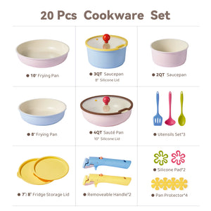 Carote 20 Pcs Ceramic Nonstick Cookware Set, Pots and Pans Set with Detachable Handles, Oven/Dishwasher Safe, Stackable Kitchen Cooking Set, Colorful