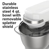 Hamilton Beach 4 Quart Stand Mixer for Kitchen, 7 Speeds, Tilt - Head, Dough Hook, Whisk & Flat Beater, White